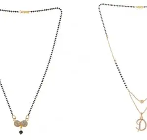 Gold Plated Traditional Black Bead Single Line American Diamond Pendant Mangalsutra for Women(Combo) Pack of 2MS-1-54-32