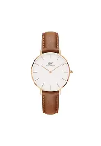 Daniel Wellington Petite Analog Watch for Women with White Round Dial & Light Brown Leather Strap Band Water Resistant Women's Wrist Watches - DW00100172K