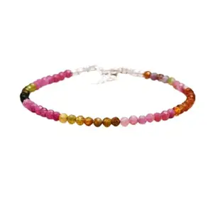 RRJEWELZ Watermelon Tourmaline Round Beaded Bracelet – Faceted 3mm Multicolor Stones with Silver Lock – 7 Inch Adjustable link Bracelet for Men & Women|LCBR_RR_06646