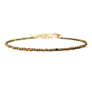 RRJEWELZ Pyrite Round Beaded Bracelet – Faceted 2mm Black Stones with Gold Lock – 7 Inch Adjustable link Bracelet for Men & Women|LCBR_RR_05604