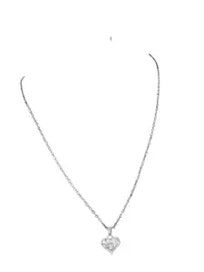 V FASHION JEWELLERY-Thin Link Heart Shaped Pendant Necklace Chain With Diamond In It For Women And Girls (Silver)