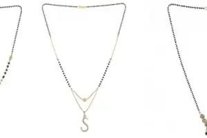 Gold Plated Traditional Black Bead Single Line American Diamond Pendant Jewellary set for Women(Combo) Pack of 3MCN-26-1-22-/