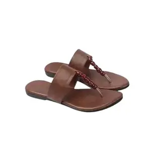Women's T-Strap Flat Sandals, Leather, Beaded Detail (Brown, UK Footwear Size System, Adult, Women, Numeric, Medium, 5)