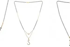 Gold Plated Traditional Black Bead Single Line American Diamond Pendant Jewellary set for Women(Combo) Pack of 3 MSCN-30-1-9-