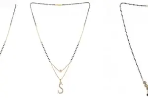 Gold Plated Traditional Black Bead Single Line American Diamond Pendant Jewellary set for Women(Combo) Pack of 3MCN-4-1-22-/