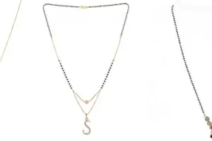 Gold Plated Traditional Black Bead Single Line American Diamond Pendant Jewellary set for Women(Combo) Pack of 3MCN-44-1-11-/