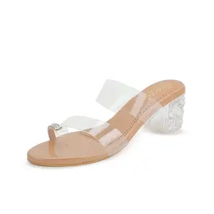Jking Transparent Heels for Women | Clear Strap Slip-On Crystal Block Heels | Stylish Mules with TPR Sole Camel