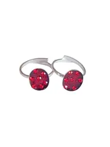 Brass Red Stone Round Toe Rings for Women | Glitter Finish Adjustable Band | Stylish Foot Jewelry | Trendy Traditional Look | Set of 2