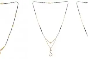 Gold Plated Traditional Black Bead Single Line American Diamond Pendant Jewellary set for Women(Combo) Pack of 3MCN-15-1-46-/