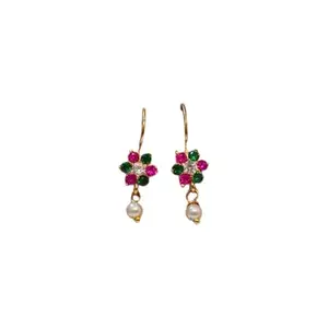 Traditional Floral Bugadi Earrings, Gold-Plated Copper Base, American Diamonds, Pink and Green Stones with Pearl Drop