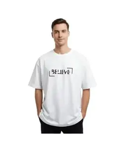 Shah Enterprises Men's 240 GSM Heavyweight Cotton Oversized T-Shirt | Trendy 'Believe' Back Print Drop Shoulder Baggy Fit Tee