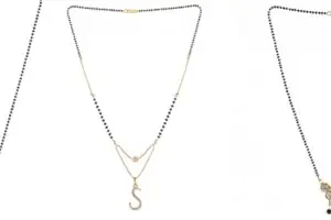 Gold Plated Traditional Black Bead Single Line American Diamond Pendant Jewellary set for Women(Combo) Pack of 3MCN-19-1-2-/