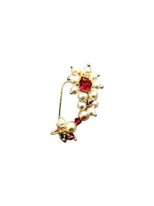 Traditional Maharashtrian Moti Nath Nose Ring, Pearl and Gemstone Accents, Gold Plated