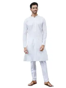See Designs Men White Cotton Silver Thread Work & Sequines Kurta With Pyjama_SDKT141401XS