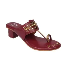 Dhaga Women's Synthetic Leather Kolhapuri Block Heel Fashion Sandals - Double Cushioned Non-Slip Sandals | 2-Inch Heel | Comfortable | Lightweight and Breathable- Ethnic & Wedding Footwear - Maroon
