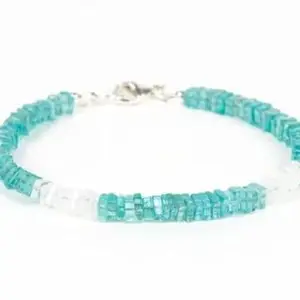 RRJEWELZ Natural Neon Apatite & Moonstone 6mm Heishi Square Shape Smooth Cut Gemstone Beads 7 Inch Silver Plated Clasp Bracelet For Men, Women. Natural Gemstone Stacking Bracelet. | Lcbr_04969