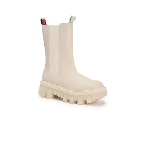 Tommy Hilfiger Leather Solid Beige Women Flat Chelsea Boots (F23HWFW094) Size- 38
