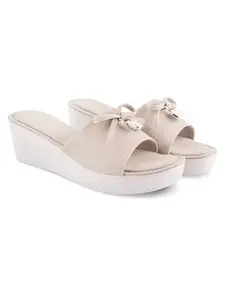 JM LOOKS Women's Wedges Sandals Shoes Platform Slides Slip-on Mid Low Heel Bow Tie Round Toe Dress Sandals Casual Summer Sandal - Cream