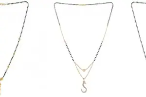 Gold Plated Traditional Black Bead Single Line American Diamond Pendant Jewellary set for Women(Combo) Pack of 3 MSCN-14-1-41- od