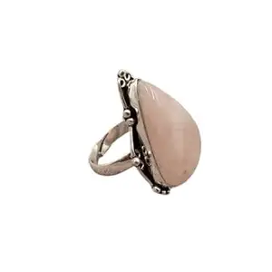 Pink Rose Quartz Brass Ring Handmade Gemstone Jewelry Vintage Ethnic Silver Finish Ring