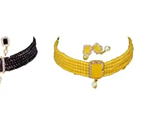 Handicraft Kottage Stone Choker Necklace With Earring Imitation Jewellery Set for Women & Girls for Every Occasion (Black and Yellow)
