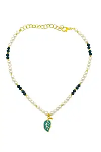 White Pearl & Emerald Green Crystal Beaded Necklace with Gold-Plated Leaf Pendant for Women and Girls