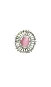 Elegant Statement Ring with Pink Stone and Crystal Sunburst Design