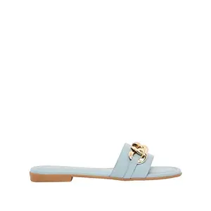 shoexpress Women's Solid Slip-On Slides with Metallic Chain Accent Blue Sandal-6.5 Kids UK (CLD189-8)