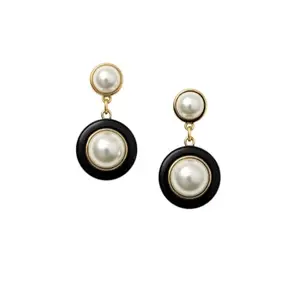 SDS Enterprises Pearl & Black Enamel Drop Earrings, Gold-Plated, Lightweight Classic Design for Women, 2.5 cm