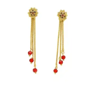 Golden coloured Dangle Earrings with Red Crystal Beads, Floral Design, Triple Chain