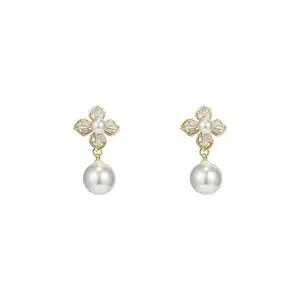 Yu Fashions Four Clover Flower Crystal Pearl Korean Earrings Pair