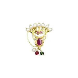 Traditional Maharashtrian Nath, Gold-Plated Pearl Crown Design, Multi-Colour Stone Nose Ring-Pearsing Not Required