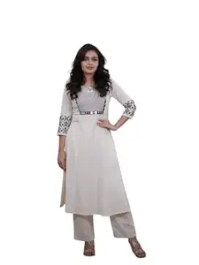 Honesst Ennterprise Women's Cotton Embroidery Straight Kurti with Pant Set
