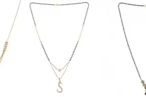 Gold Plated Traditional Black Bead Single Line American Diamond Pendant Jewellary set for Women(Combo) Pack of 3MCN-37-1-22-/