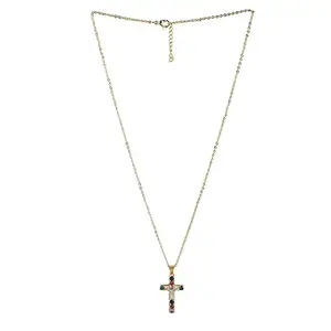 Carlton London Women's Brass Gold-Plated CZ Studded Christian Cross Pendant with Chain
