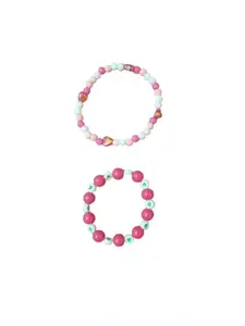 Girls' Hand-made Beaded Stretch Bracelets Set, Pink and Mint Heart Design, Pack of 2