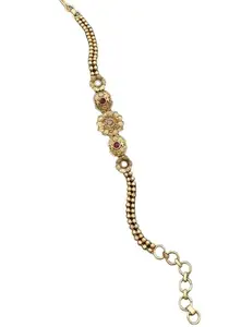 Classic Gold Plated Copper Chain Bracelet with Decorative Artificial Stones and Textured Floral Charms For Women's