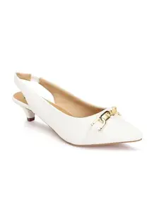 Carlton London Women White Stylish Slip On Shimmer Backstap Fashion Sandals for Casual use, Outdoor, Party and Holidays with Kitten Heels (39)