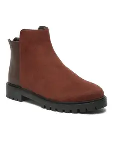 Bruno Manetti Women's Brown Slipon with Back side Zipper Croco Leather Ankle Length Comfort Mid Top Flat Boots