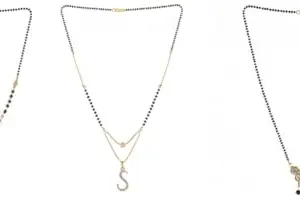 Gold Plated Traditional Black Bead Single Line American Diamond Pendant Jewellary set for Women(Combo) Pack of 3 MSCN-26-1-2- New