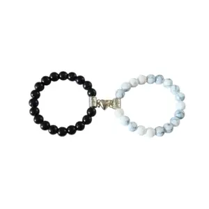 Magnetic Heart Couple Bracelets Adjustable Cord Handmade Matching Relationship Jewelry for Him and Her Black White Set