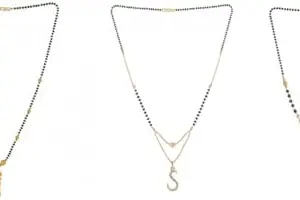 Gold Plated Traditional Black Bead Single Line American Diamond Pendant Jewellary set for Women(Combo) Pack of 3 MSCN-14-1-17- New