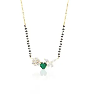 SWASHAA Deesha Mangalsutra Necklace | Stainless Steel + Brass | Green Heart & CZ Pendant | Black Bead Chain | Elegant Jewelry | Women, Wife | Daily, Party & Festive