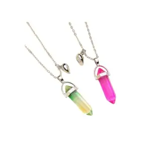UMANI® Fashion Trend Crystals Necklace Pendant With Chain/Necklace; Beautiful Pencil Pointed Natural Stone Bullet Jewellery Gift For Girls N Women (SP-GREEN N PINK RE)