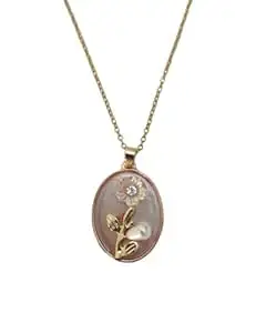 GAXRA Gold-Tone Oval Floral Pendant Necklace with Pearl Accent – Elegant Flower Charm Jewelry for Women