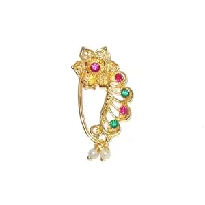 Traditional Golden Ethnic Bridal Maharashtrian Nose Ring/Nath without piercing Encased with Pearl Stone for Women/Girls(n-929)