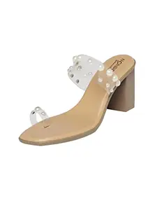 MONROW Margot Leather Block Heels for Women, Beige, UK-7 | Fancy & Stylish Heel sandals, Casual, Comfortable Fashion Heel Sandal