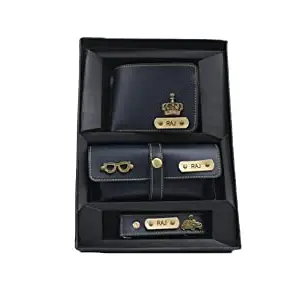 CUSTOMISE STUDIO Men Vegan Leather Wallet Sunglasses Holder & Keychain Delux Combo - Blue