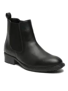 Bruno Manetti Women's Black Slipon with Both side Ripped Elastic Ankle Length Comfort Mid Top Flat Chelsea Boots