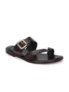 egoss Premium Croc-Textured Leather Toe-Ring Sandals for Mens, Stylish Ethnic Flats with Buckle Strap for Casual (Brown, 11)